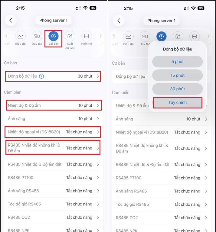 Vào cài đặt chọn thời gian trích mẫu và đồng bộ dữ liệu lên Cloud