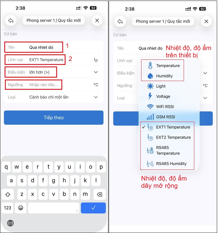 Điền tên, chọn cảm biến cần cảnh báo, điền ngưỡng cảnh báo