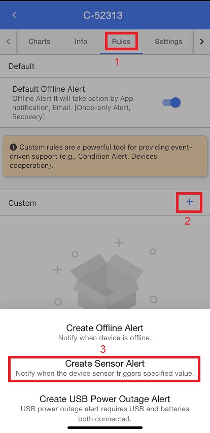 Bấm "Create Sensor Alert" để cài cảnh báo cho cảm biến mở rộng