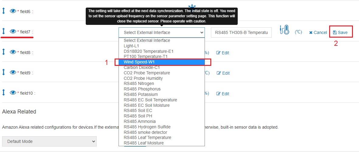 Để cài đặt cảm biến tốc độ gió, chọn "Wind Speed-W1" sau đó bấm "Save" để lưu lại