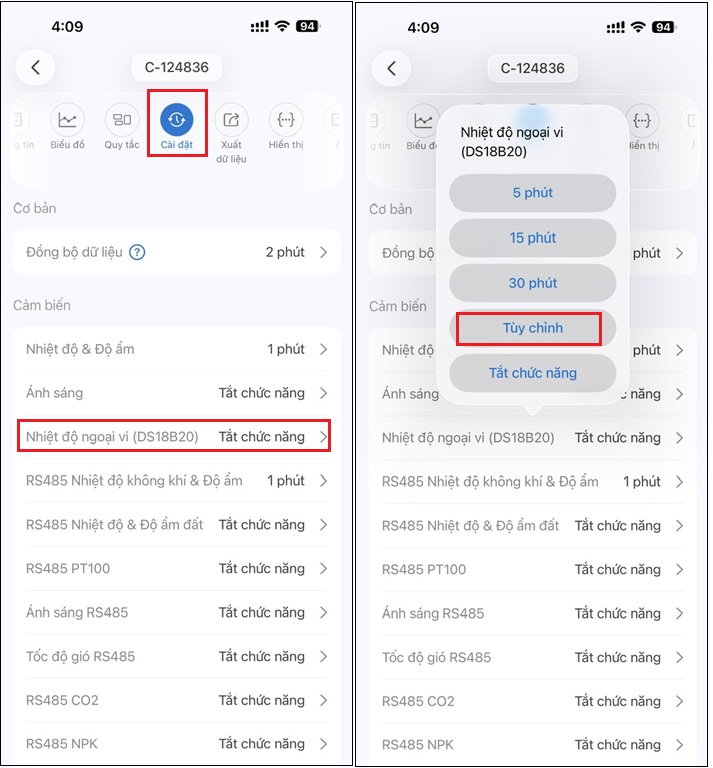 Vào cài đặt để chọn thời gian lấy mẫu của dây cảm biến mở rộng