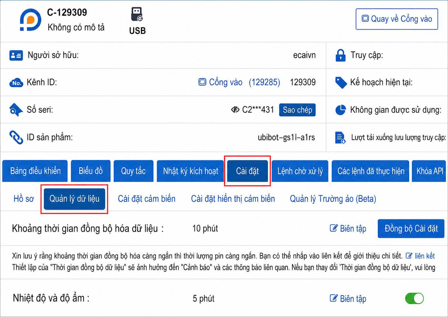 Các bước cài đặt thời gian lấy mẫu và đồng bộ dữ liệu
