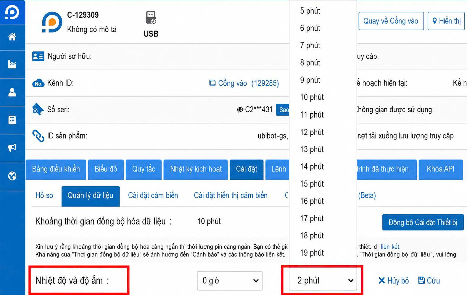 Các bước cài đặt thời gian lấy mẫu và đồng bộ dữ liệu