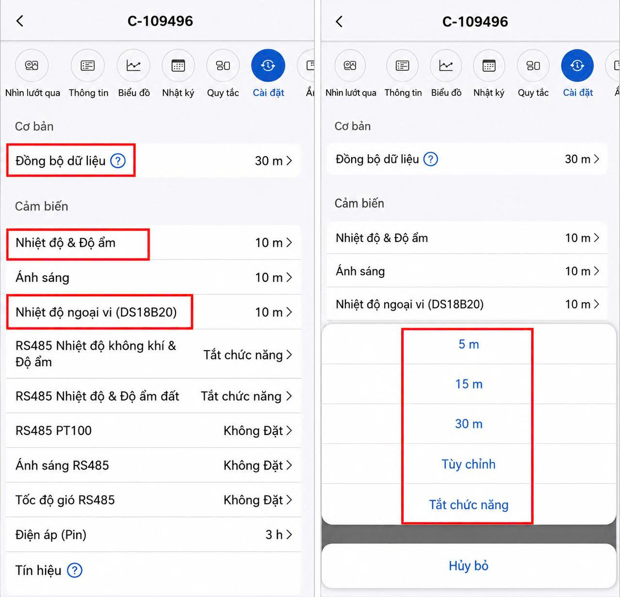Cài đặt thời gian lấy mẫu và đồng bộ dữ liệu