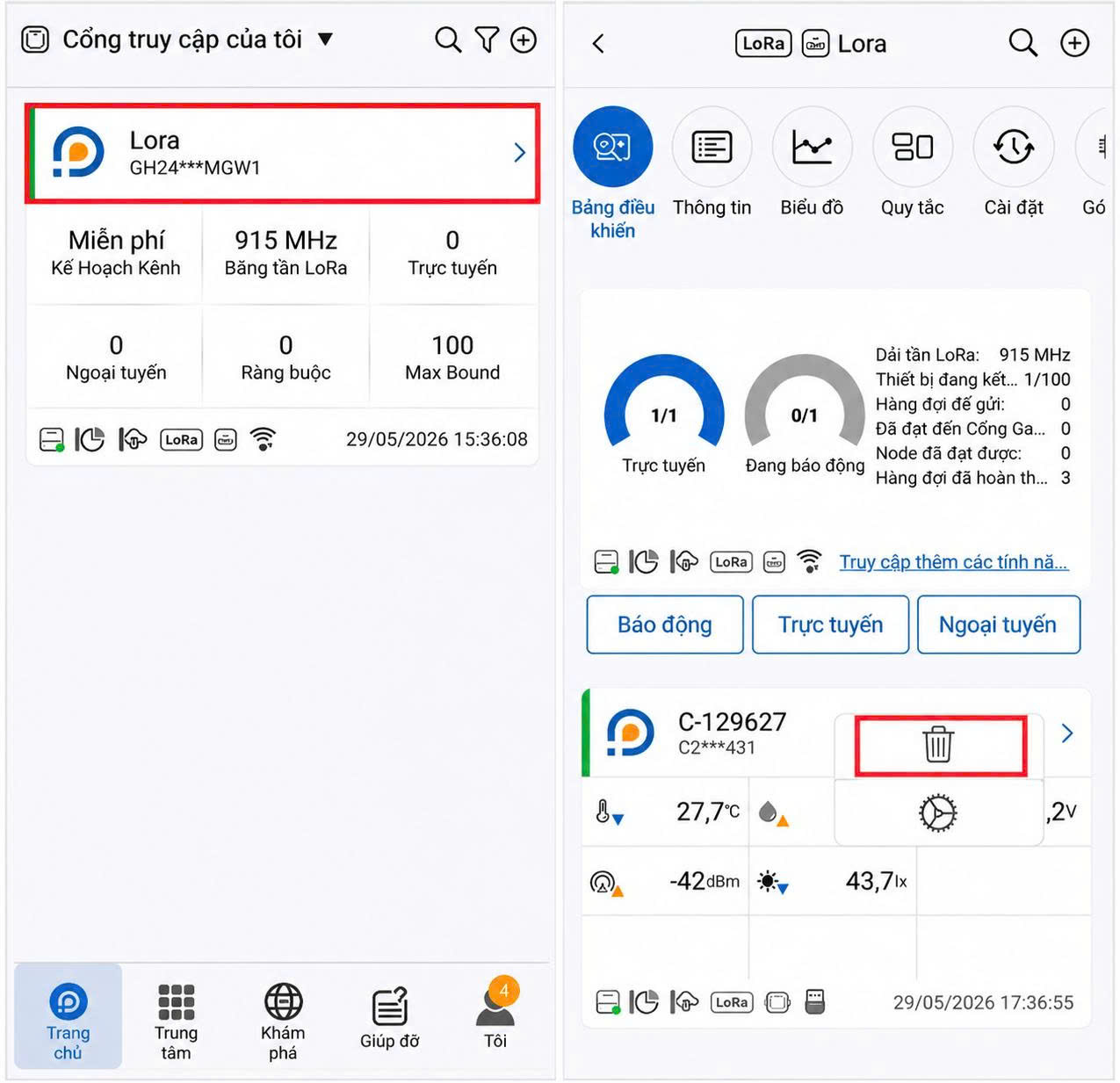 Xoá thiết bị GS1-L khỏi thiết bị phát Lora