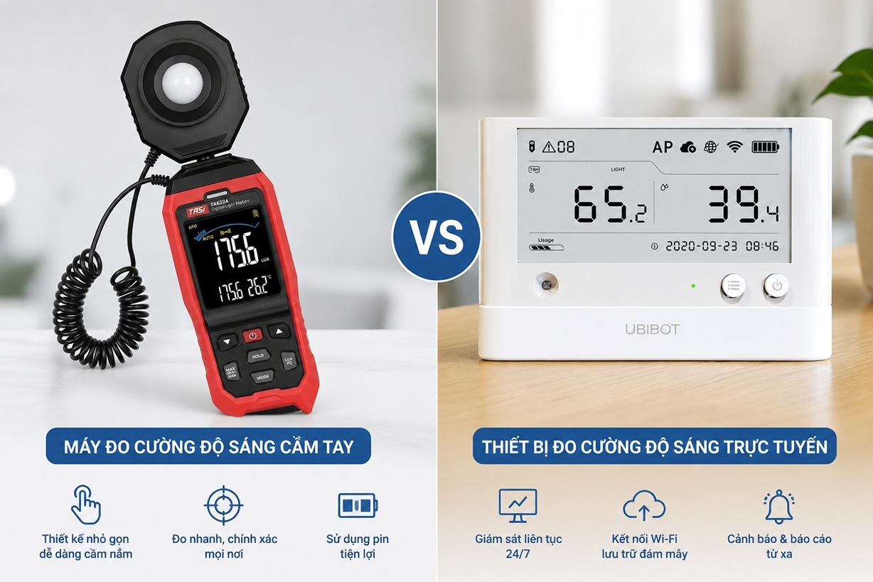 So Sánh Máy Đo Cường Độ Ánh Sáng Cầm Tay Và Thiết Bị Giám Sát Ánh Sáng Trực Tuyến
