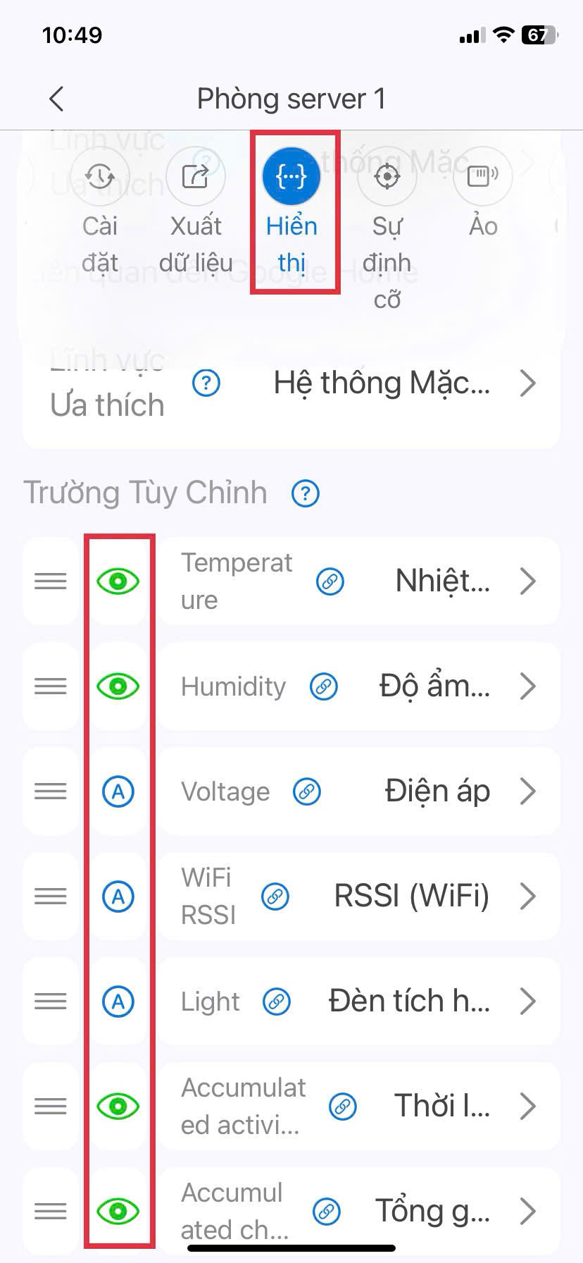 Chọn hiển thị các thông số cần giám sát