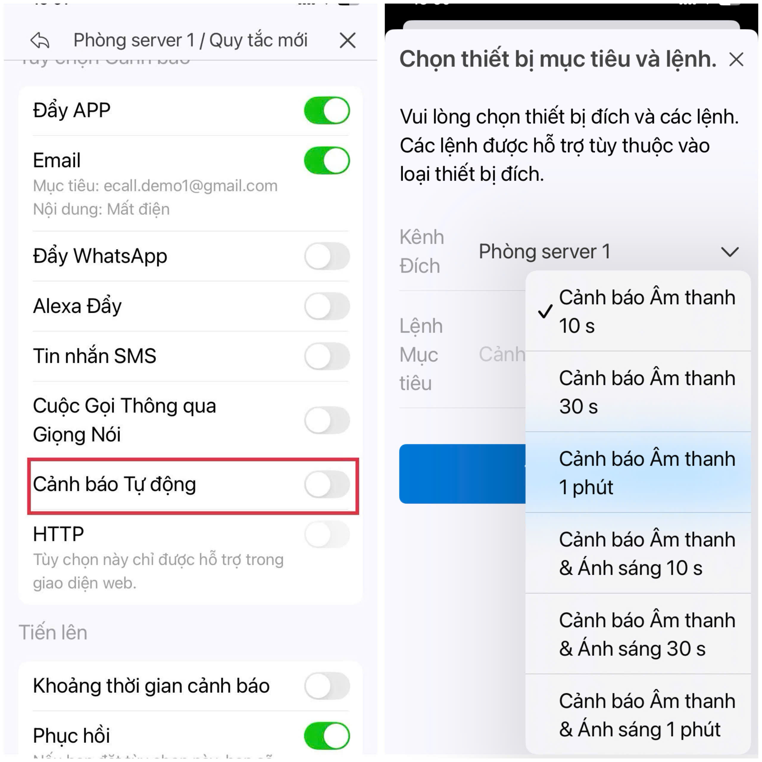 Chọn hình thức nhận cảnh báo, và gửi thông báo khi thiết bị về trạng thái bình thường