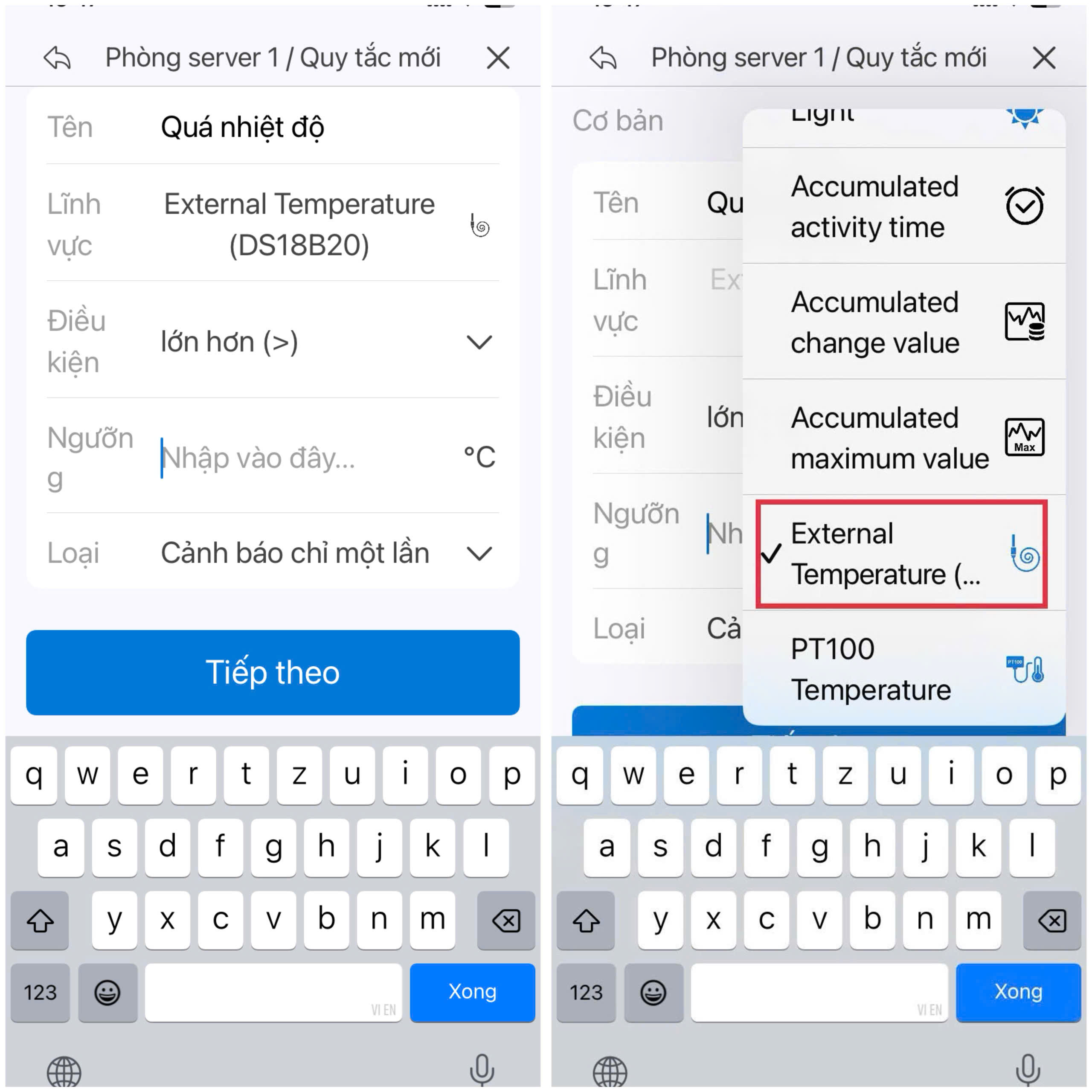 Điền tên, chọn cảm biến cần cảnh báo, điền ngưỡng cảnh báo