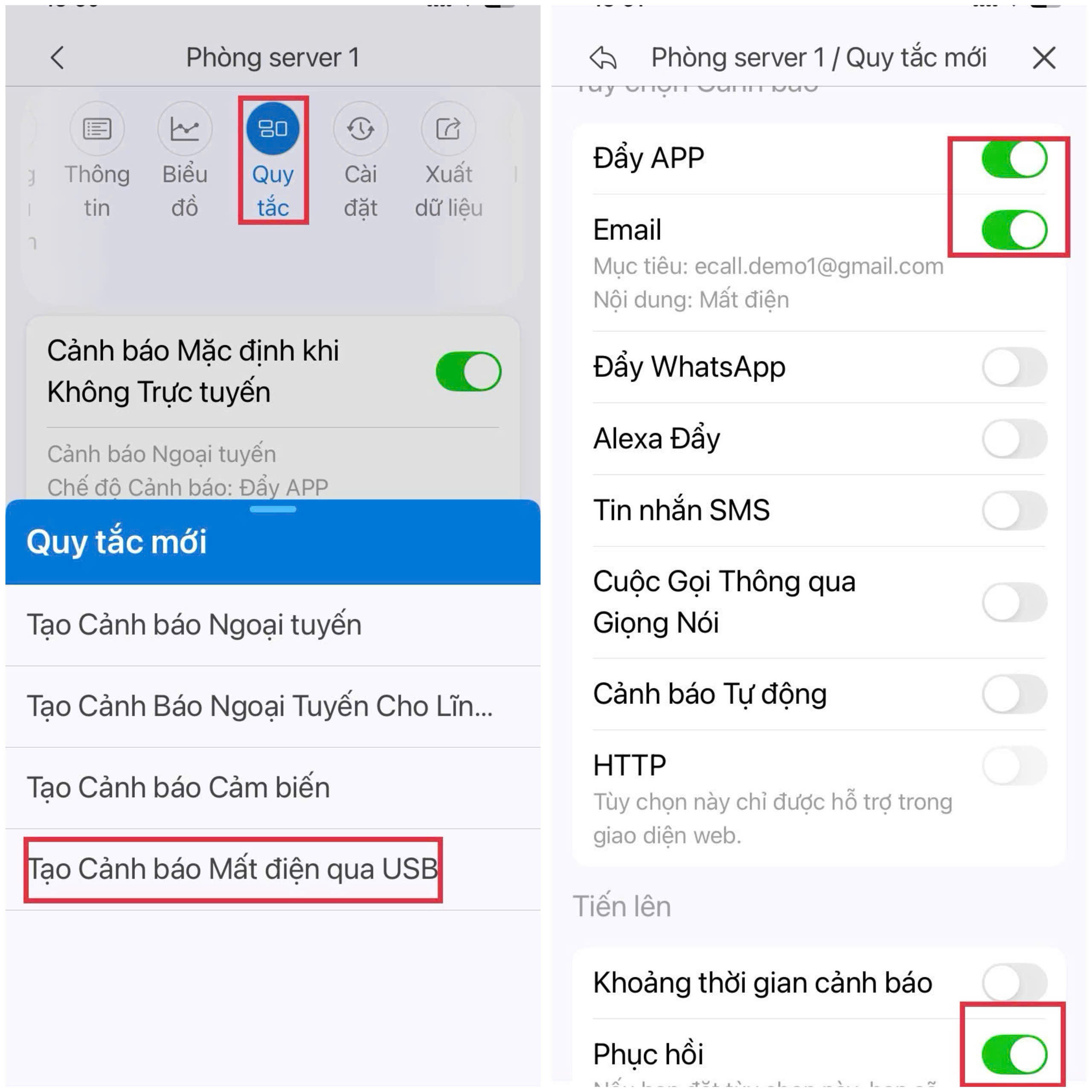 Tạo cảnh báo mất nguồn điện thiết bị
