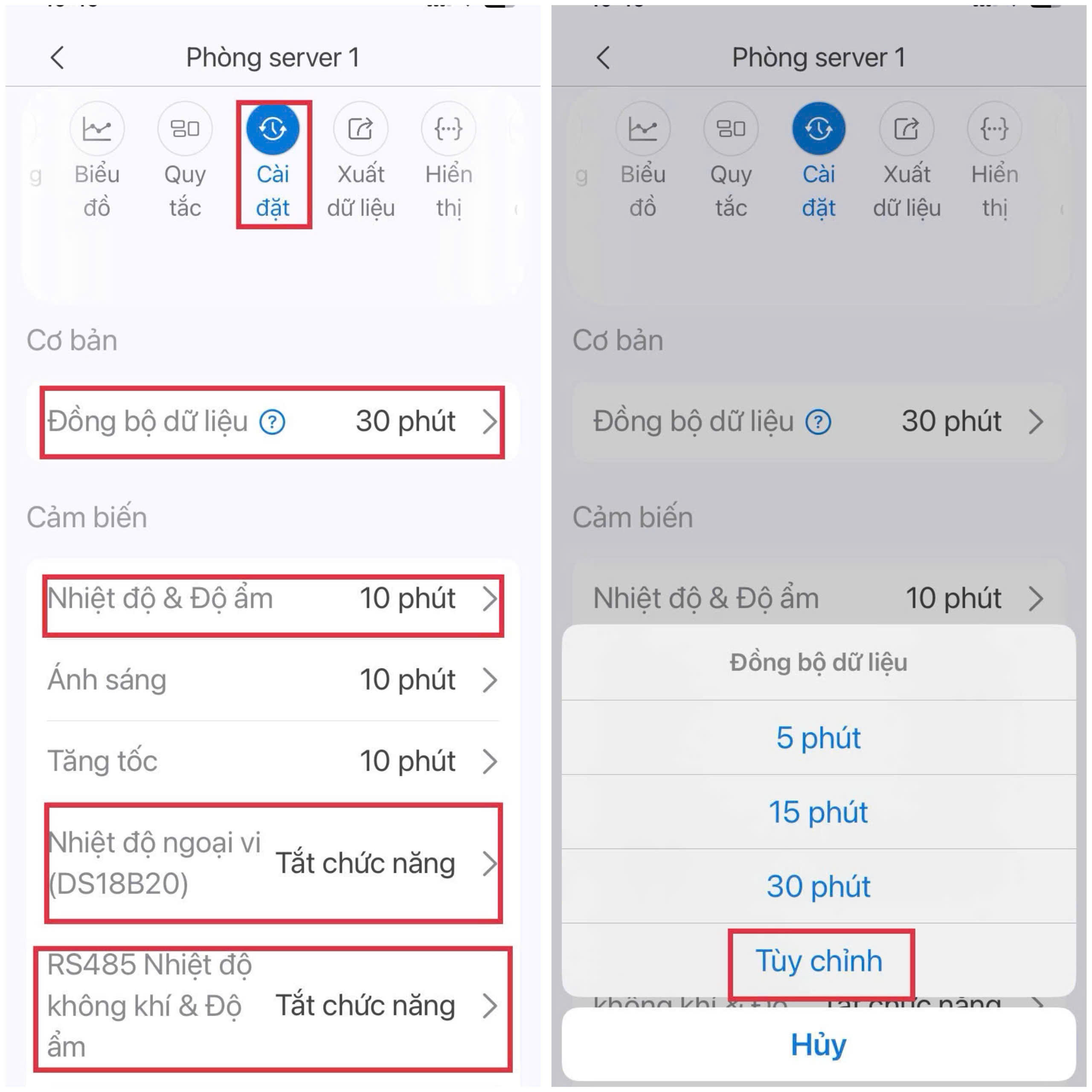 Vào cài đặt chọn thời gian trích mẫu và đồng bộ dữ liệu lên Cloud