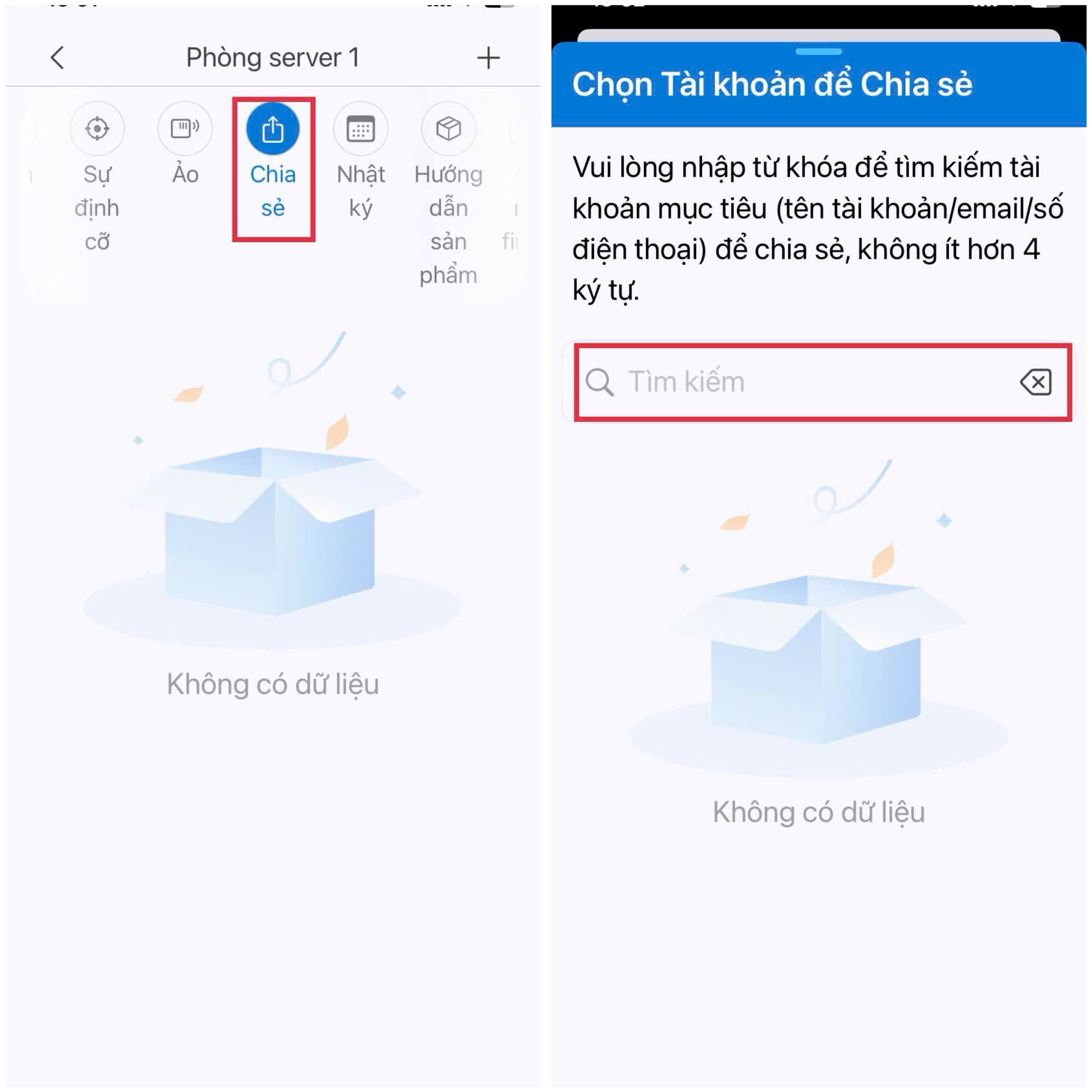Vào mục chia sẻ, chọn tài khoản nhận chia sẻ